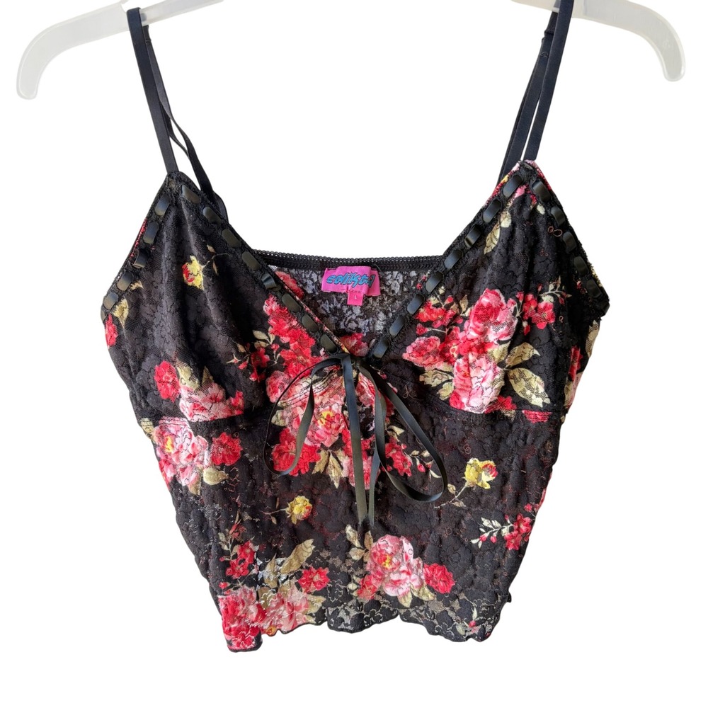 Edikted Lace Cami Top Womens L Black Floral Semi-Sheer Bow Cropped Festival